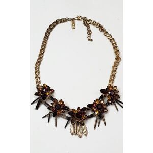 Gold Tone Floral Statement Necklace With Rhinestone Accents